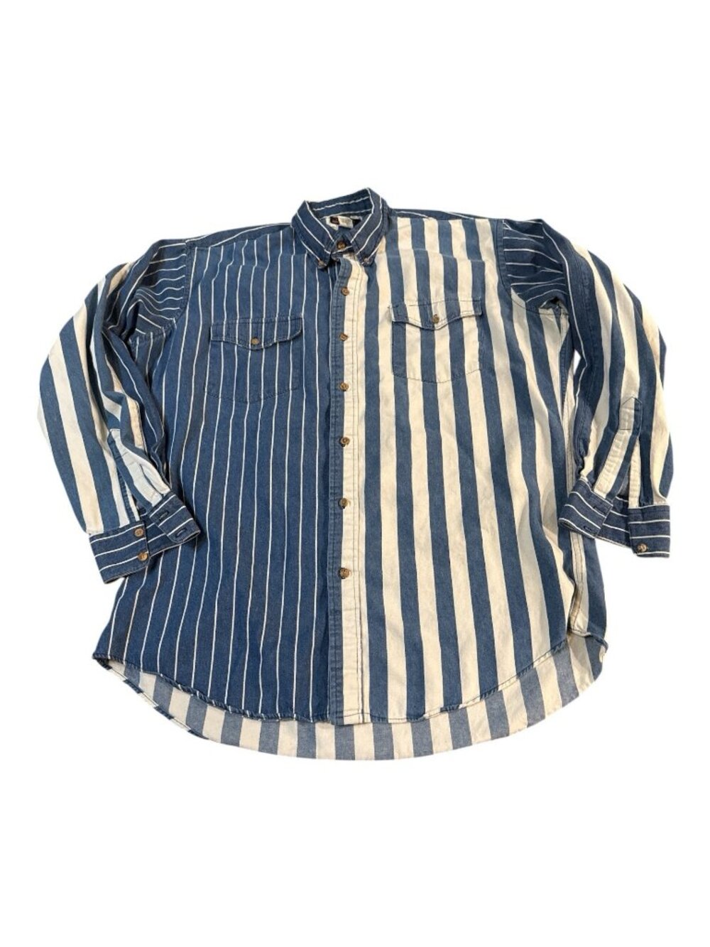 Vtg Ruddock Bros Western Denim Shirt Blue White Stripe Mens XL Made USA *Faded